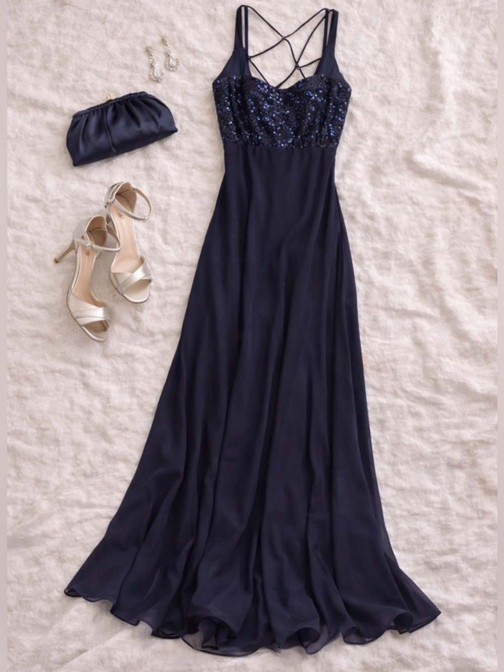 Navy Blue Sequin Bodice Formal Gown Criss Cross Back Prom Dress Size 6